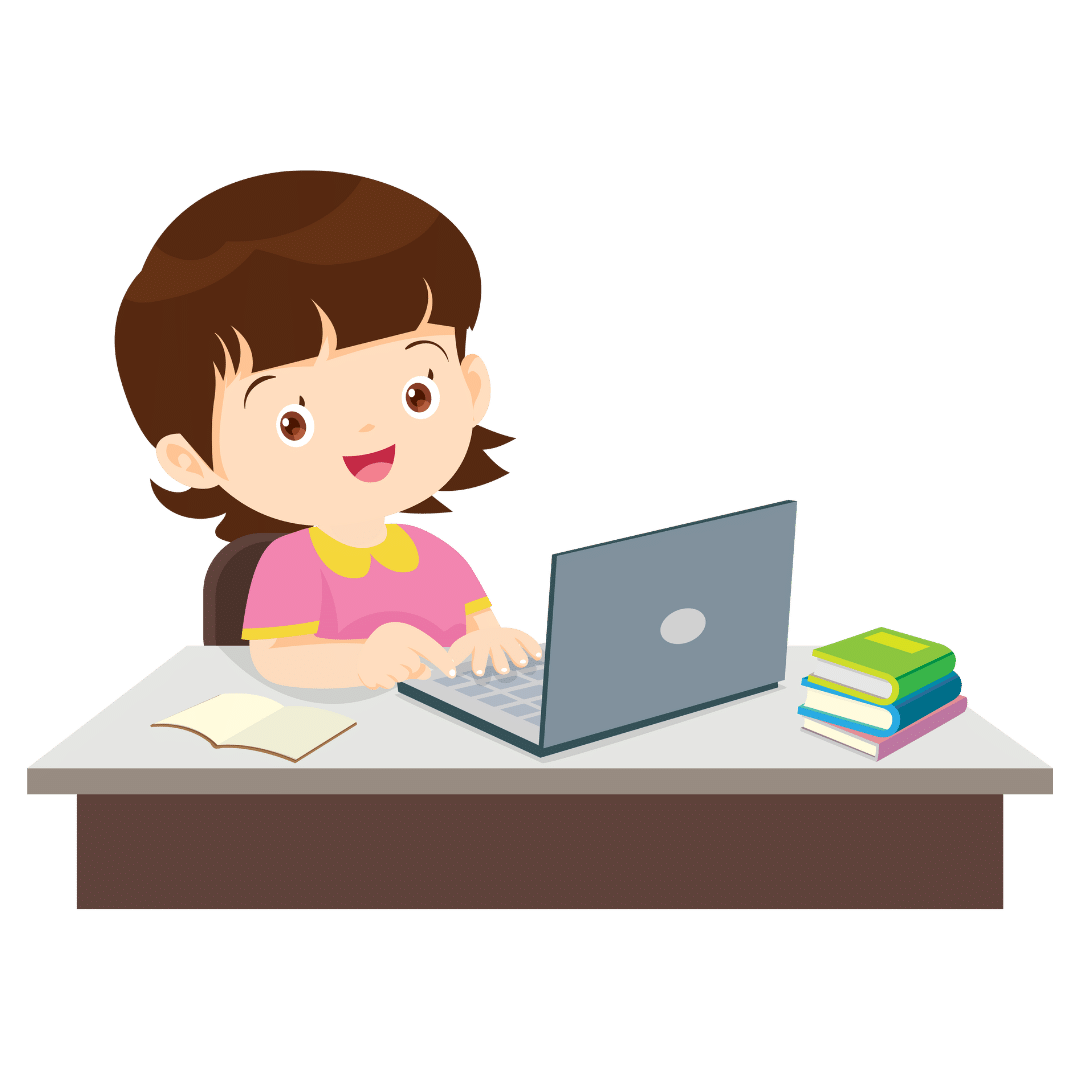 Ilustração de uma pessoa sorrindo, sentada em uma mesa usando um computador, representando o processo de assinatura de um kit de brinquedos.