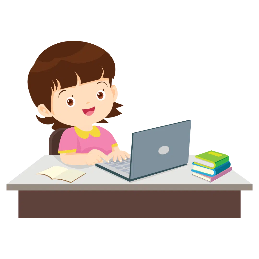 Ilustração de uma pessoa sorrindo, sentada em uma mesa usando um computador, representando o processo de assinatura de um kit de brinquedos.