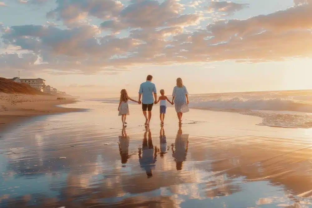 Família caminhando na praia ao pôr do sol, representando o conceito de tempo humano.