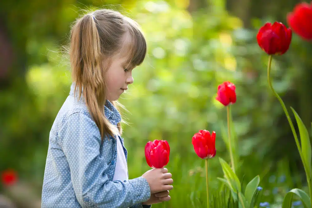 Criança segurando uma tulipa vermelha, simbolizando o florescimento e a conexão com a natureza